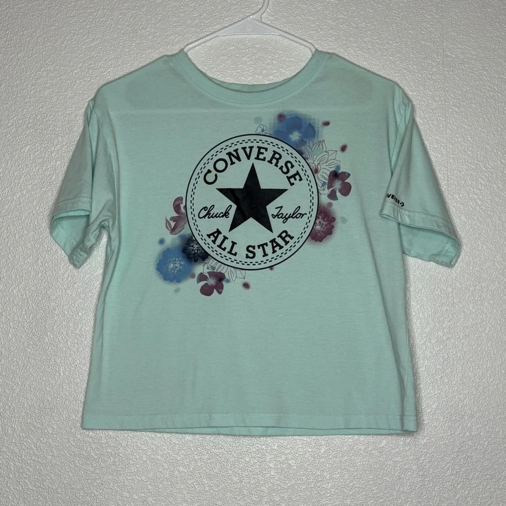 Converse All Star Floral Graphic T-Shirt Girls XL Aqua Blue‎ Cotton Blend
